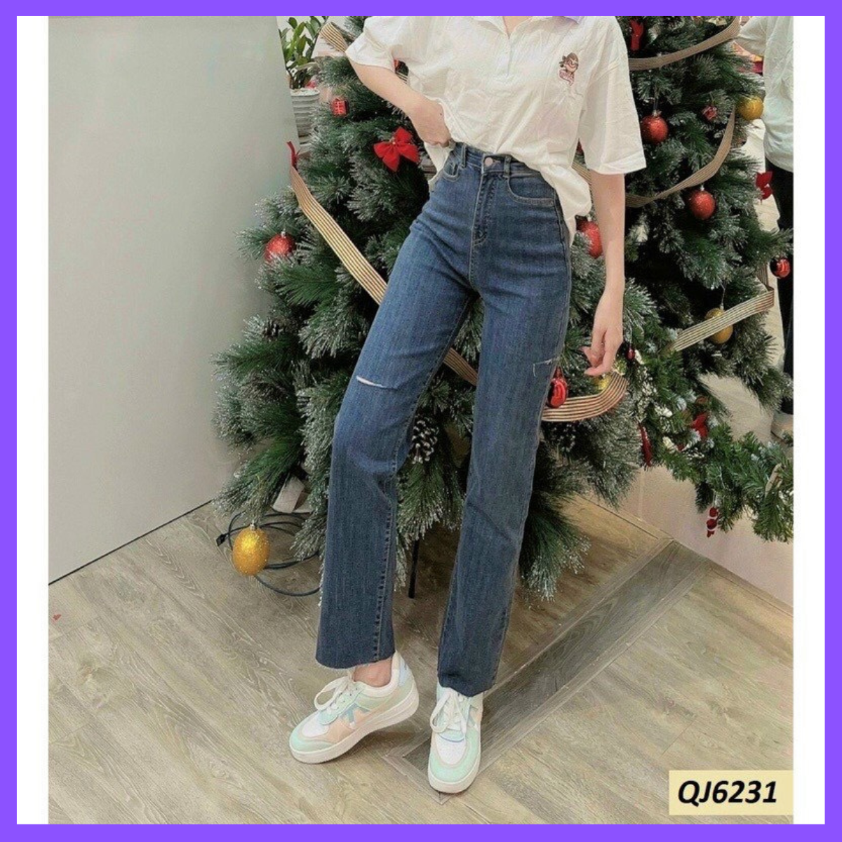 Quần jeans nữquần bò nữ ống đứng rách loe xuông lưng cao co dãn