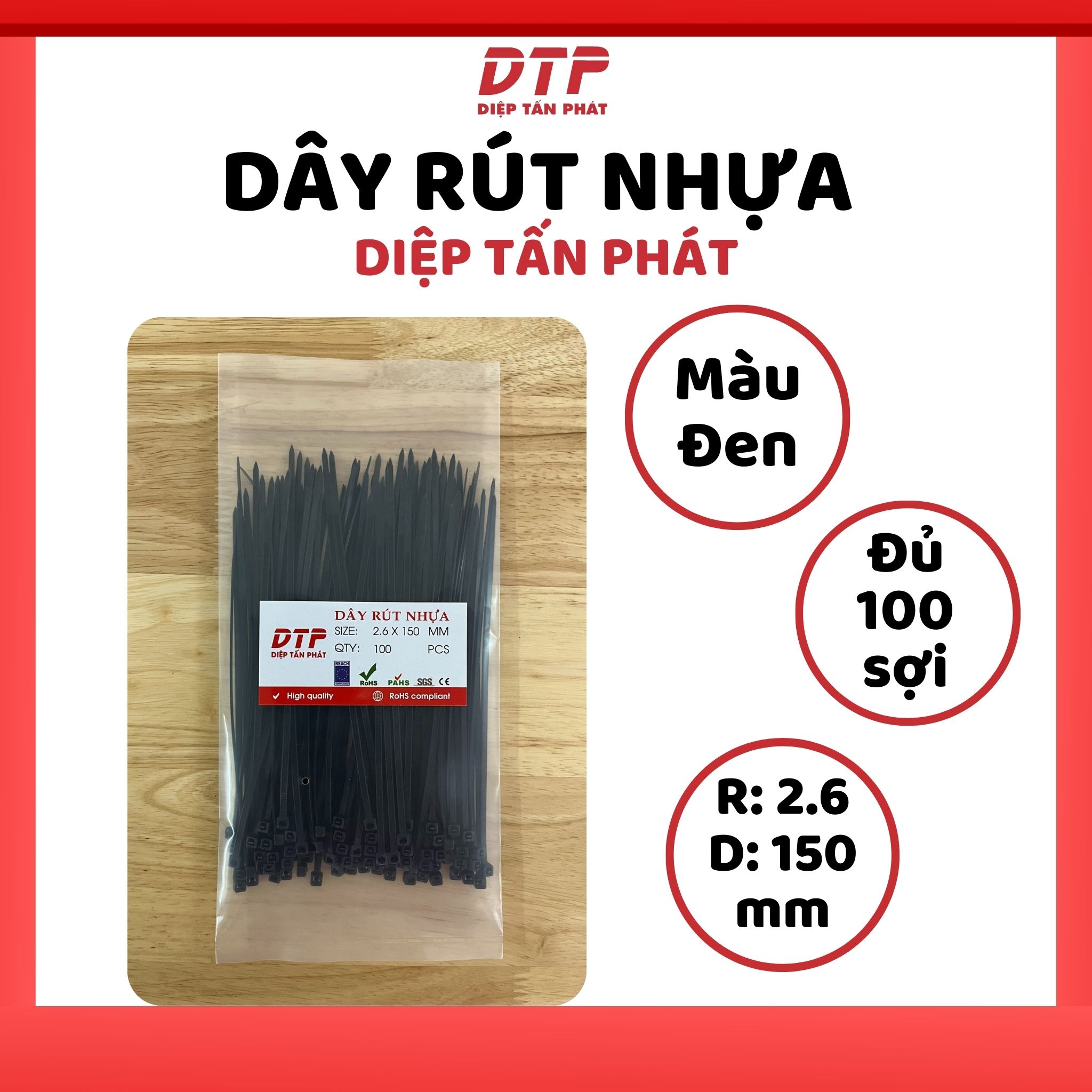 Túi 100 sợi dây rút nhựa diệp tấn phát: màu trắng/đen - 2.6x150mm