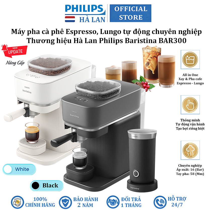 Máy pha cà phê và đánh sữa tạo bọt Espresso, Lungo tự động chuyên nghiệp thương hiệu Philips Baristina BAR300 - Bảo Hành 2 Năm