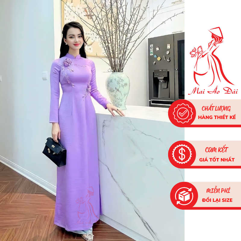 Áo dài nữ lụa mỹ màu tím cà, thêu tay hoa cúc tím - Mai Áo Dài