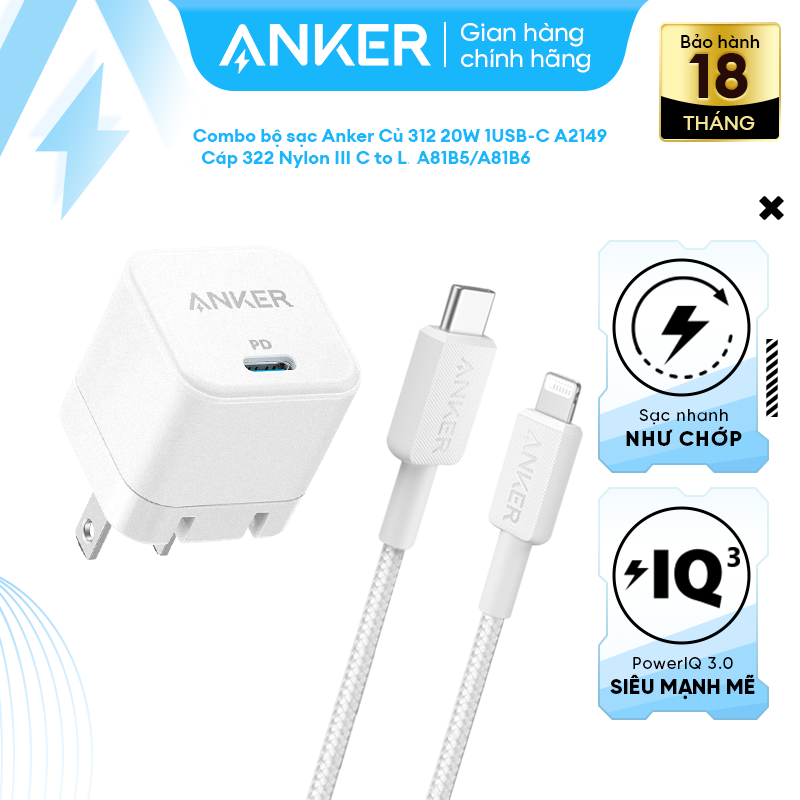 Bộ sạc nhanh 20w anker cho iphone 8 đến iphone 13 series - củ 20w 1c & cáp ctol đạt chứng chỉ mfi a2149+a81b5/6-a80b1/2