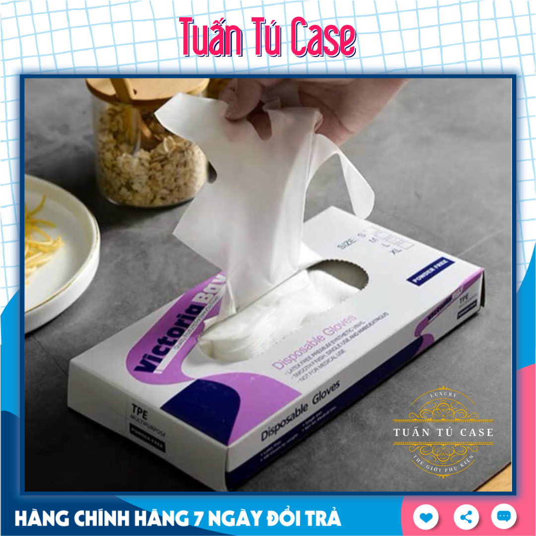 Hộp 100 găng tay Victoria Bay chất liệu TPE, Bao tay cao su rửa bát làm bếp vệ sinh siêu dai không mùi - Tuấn Tú Case