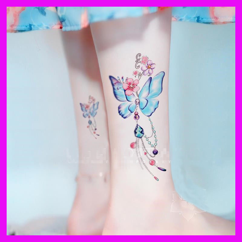 Miếng Dán Hình Xăm, Trang Sức Hoa Bướm Xanh Dương Cổ Tích Tươi Mới Mắt Cá Chân Đá Không Thấm Nước