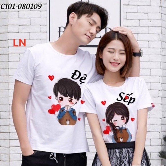 Áo Thun Cặp Đôi Nam Nữ Ngắn Tay In Hình Cute Sếp Đệ Chất Cotton Dày Dặn Mát Mịn