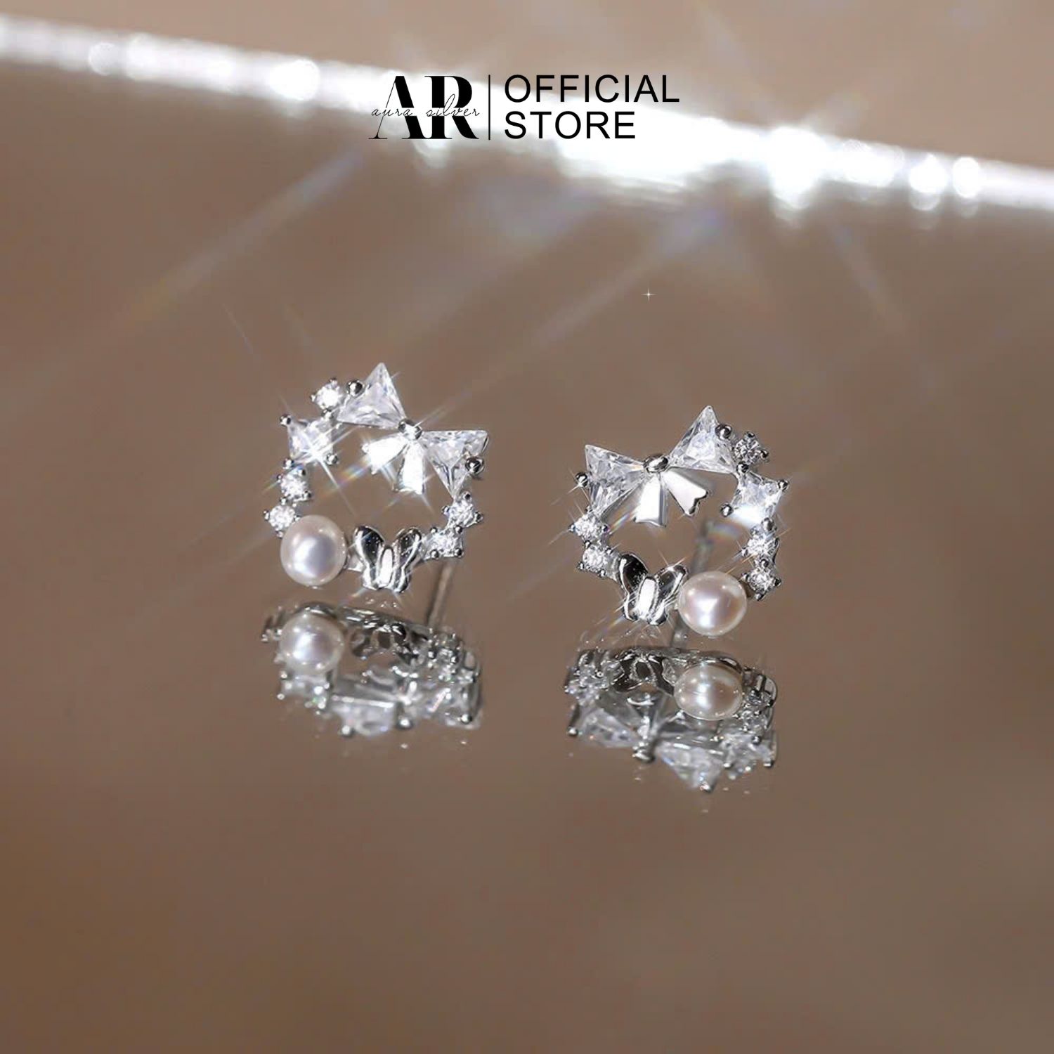 Khuyên tai bạc nữ 925 bông tai Lily đính đá-AURA SILVER-KT12