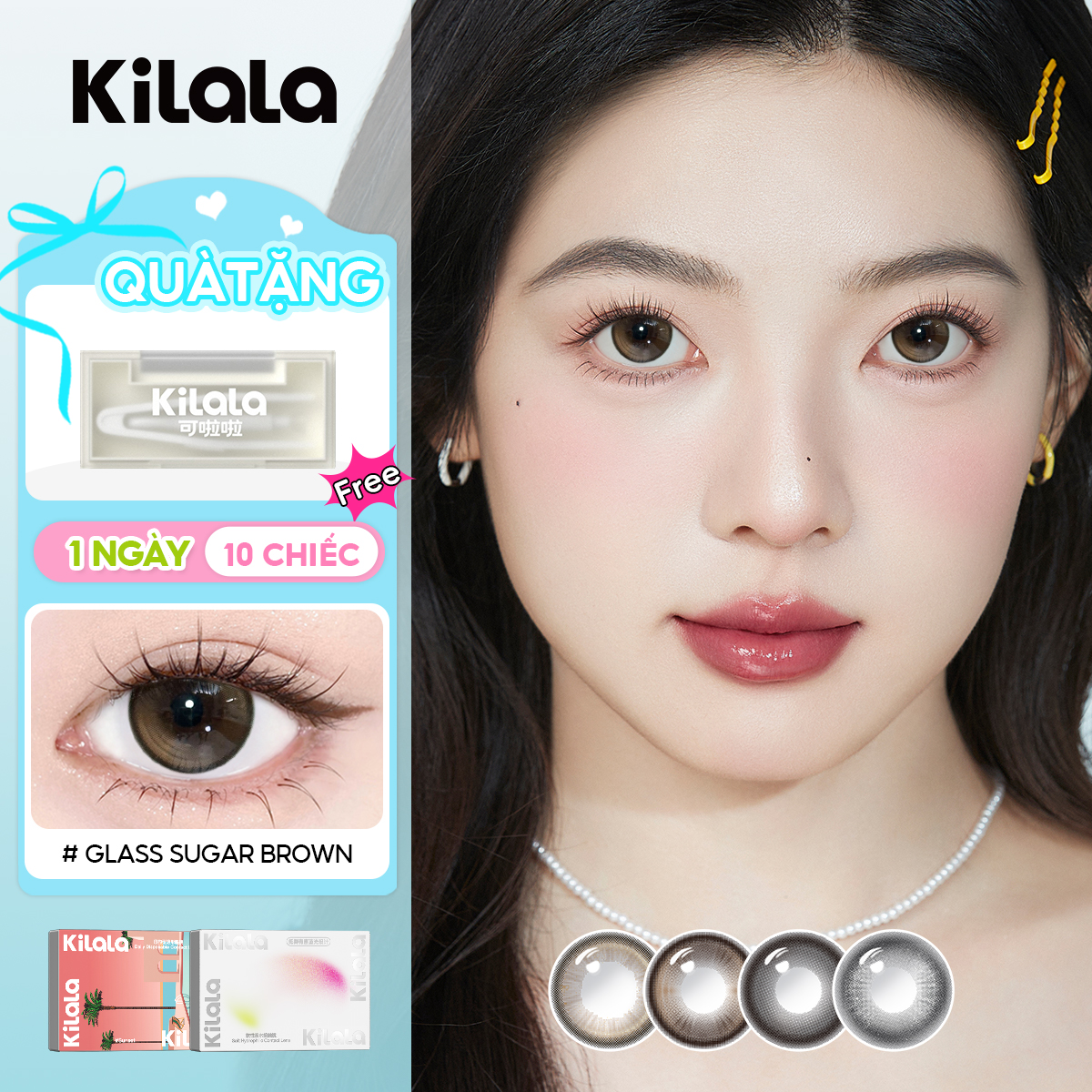  Kilala Kính áp tròng nâu 1 ngày DIA 14.2mm Glass Sugar Brown Black Pearl Lens nâu  đen tự nhiên có độ  0-8  10 chiếc 