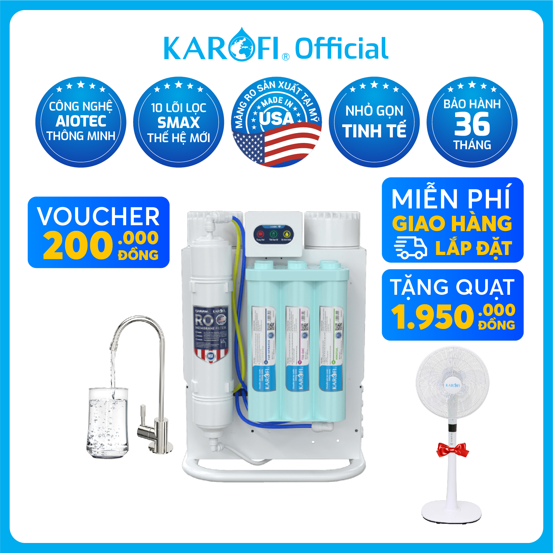 Máy lọc nước sạch để gầm không tủ karofi kaq-u05/u95 - 10 lõi lọc - bảo hành 36 tháng
