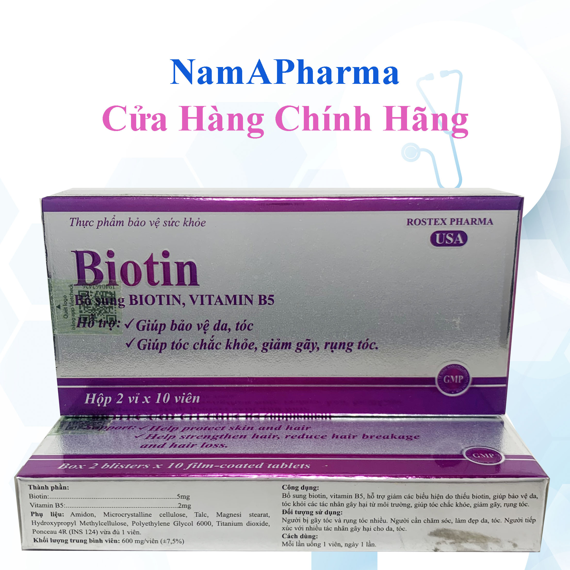 Viên uống Biotin bổ sung Biotin và Vitamin B5 giúp giảm rụng tóc, bảo vệ da, chắc móng - hộp 20 viên