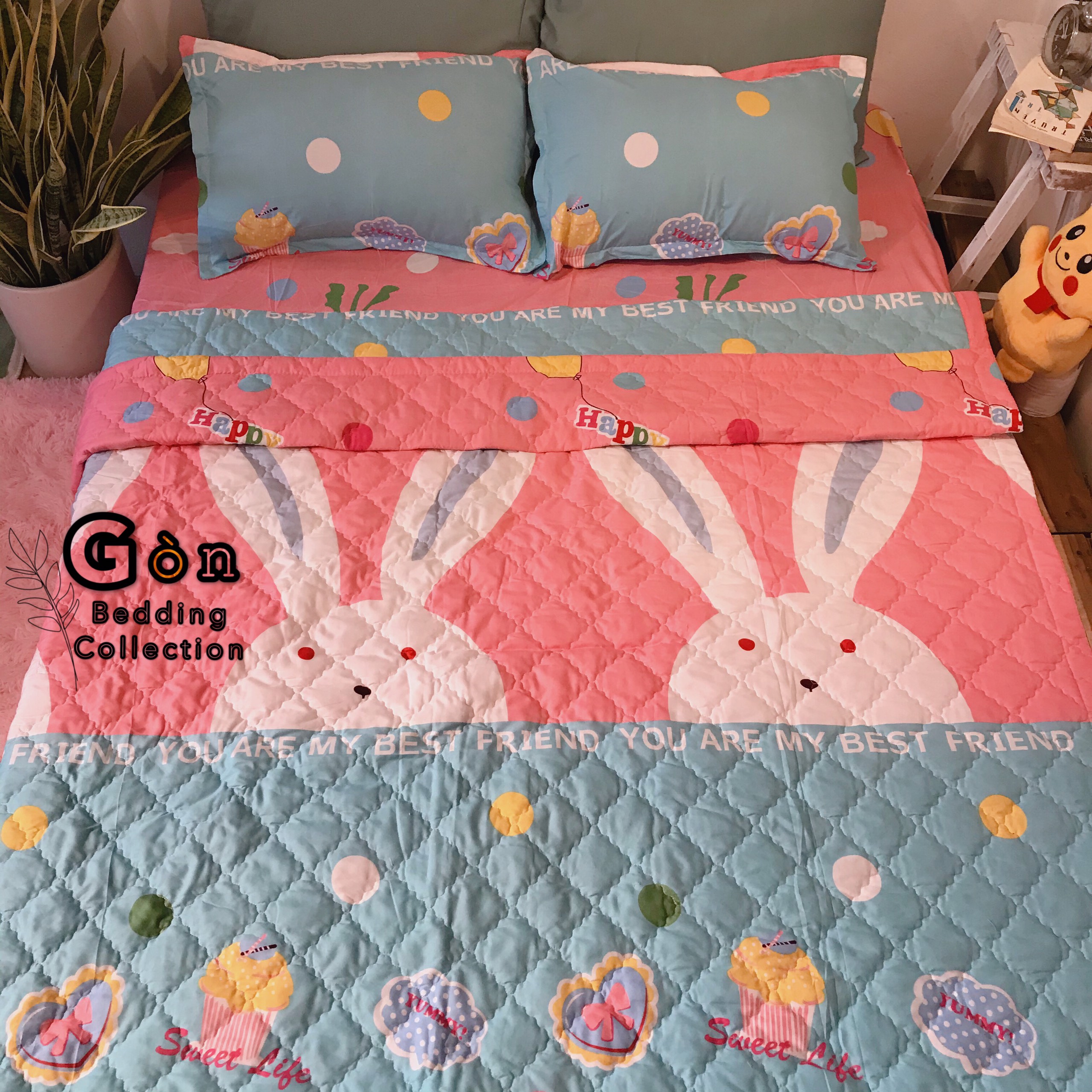 Bộ Chăn Ga Gối Cotton Poly , Thỏ Hồng , Chất Liệu Thoáng Mát , Kích Cỡ Đa Dạng , By. Gòn