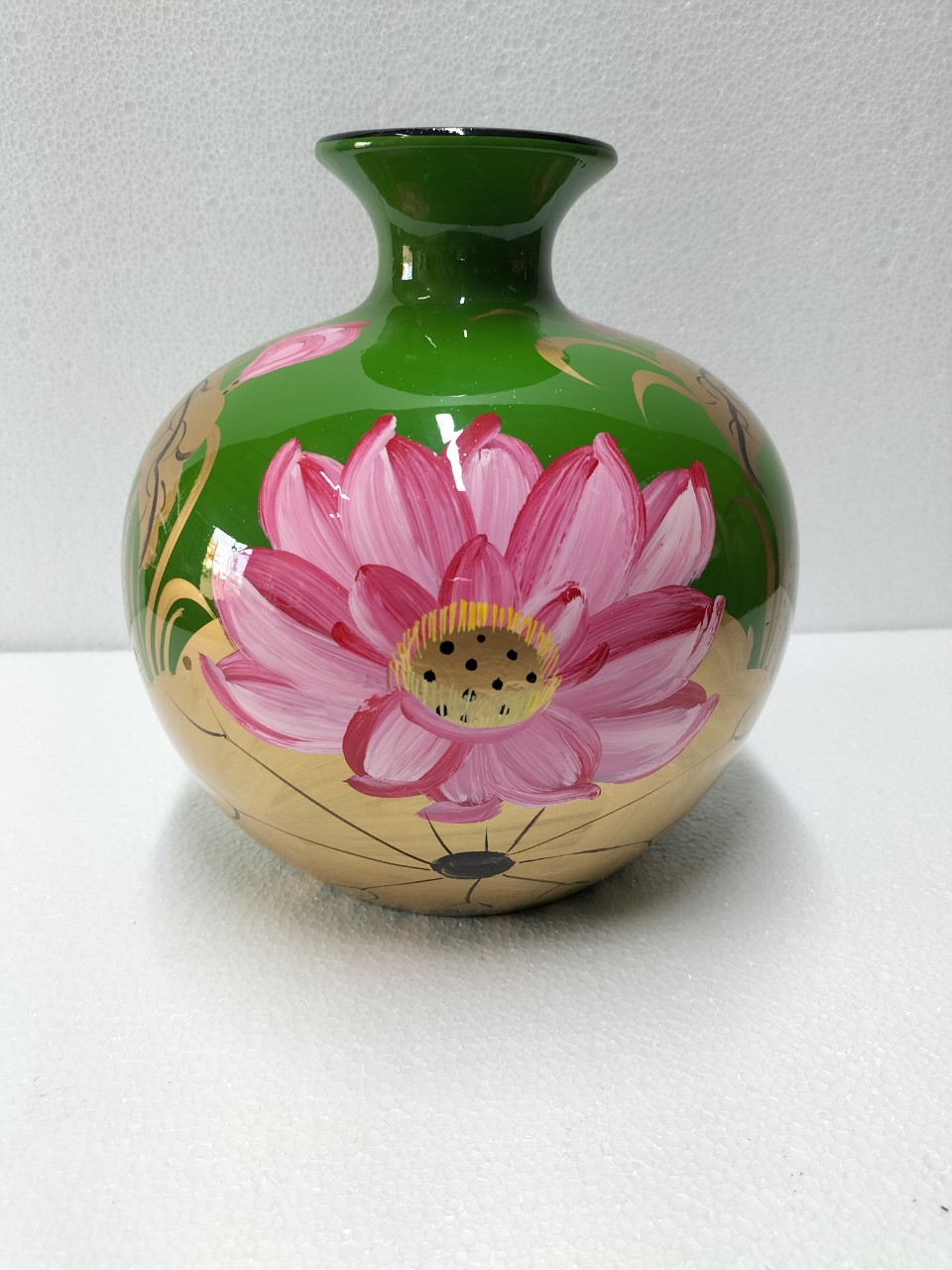 Bình hút tài lộc gốm sứ Mỹ Nghệ Bát Tràng cao cấp cỡ số 3, bình Xanh lá vẽ Sen Hồng,cao 26.5cm, bụng rộng 24cm