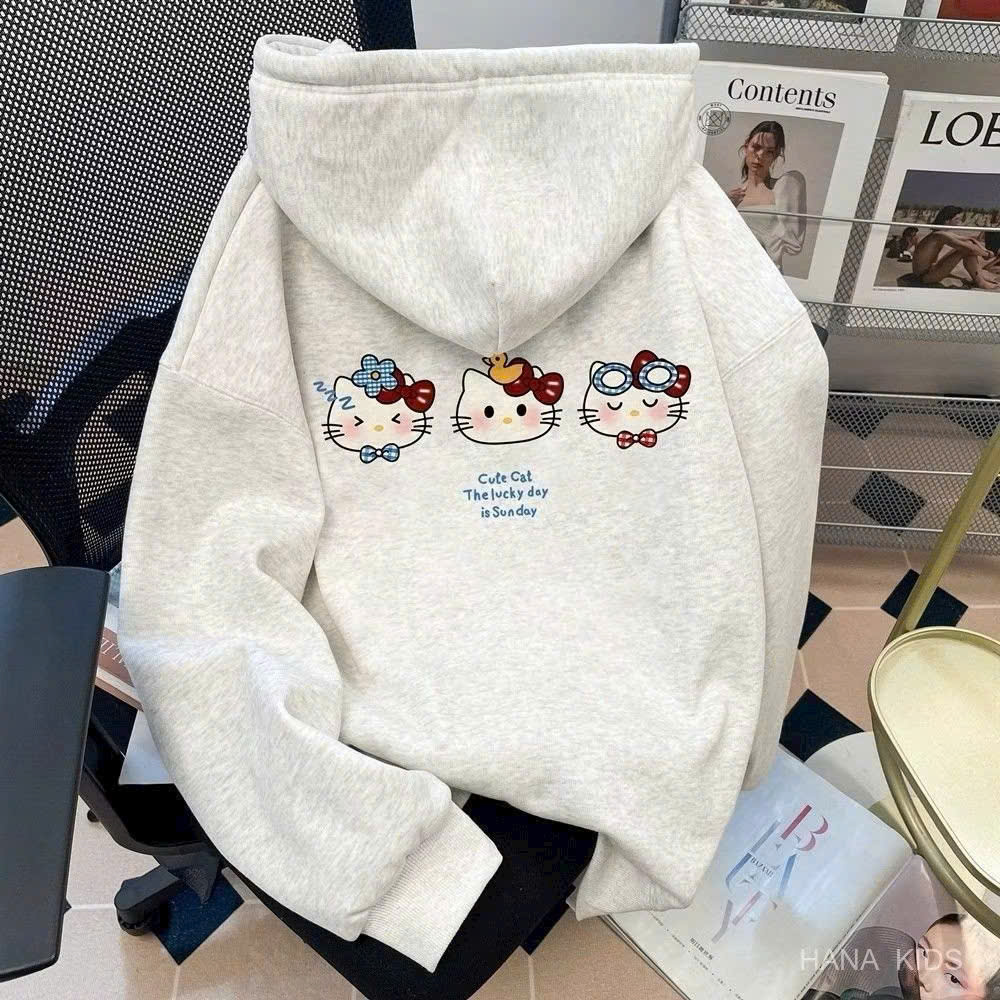  Áo hoodie form rộng unisex chất liệu nỉ bông in chữ Mèo Hello Kitty CAT siêu đáng yêu Áo Nam Nữ Thu Đông 2025 