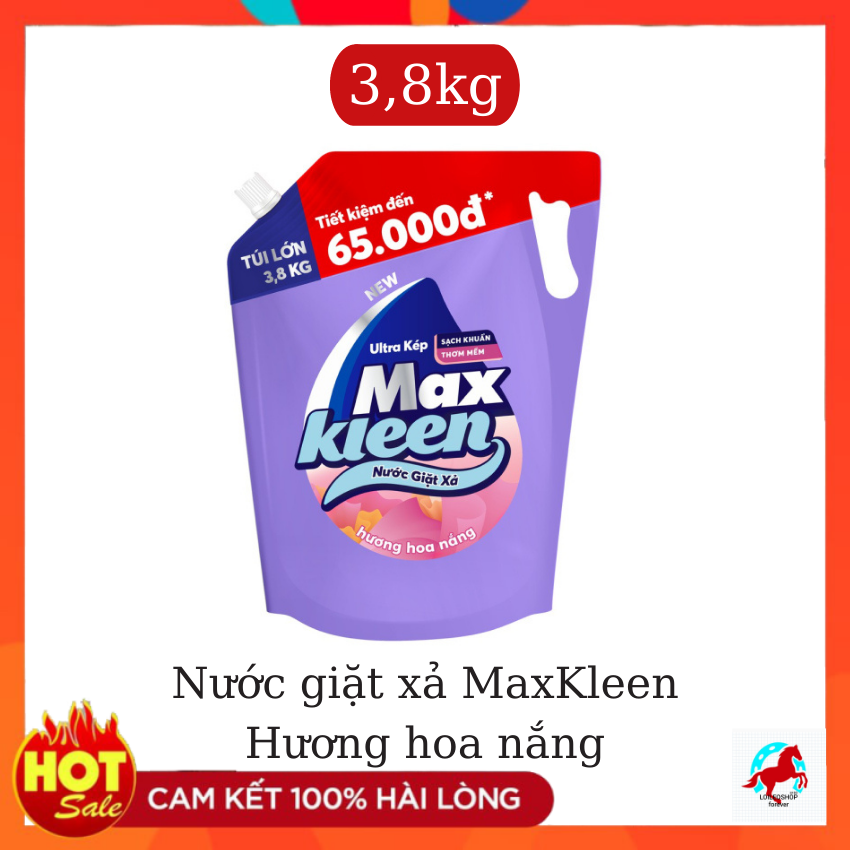 Nước Giặt Xả MAXKLEEN Hương Hoa Nắng (3.8kg/túi)- LOILEOSHOP BC 28- Công nghệ Ultra kép đột phá kết hợp hài hoà 2 sức mạnh giặt và xả trong một nắp giặt giúp: Đánh bay vết bẩn, diệt khuẩn và mùi, mềm vải, hương thơm dài lâu