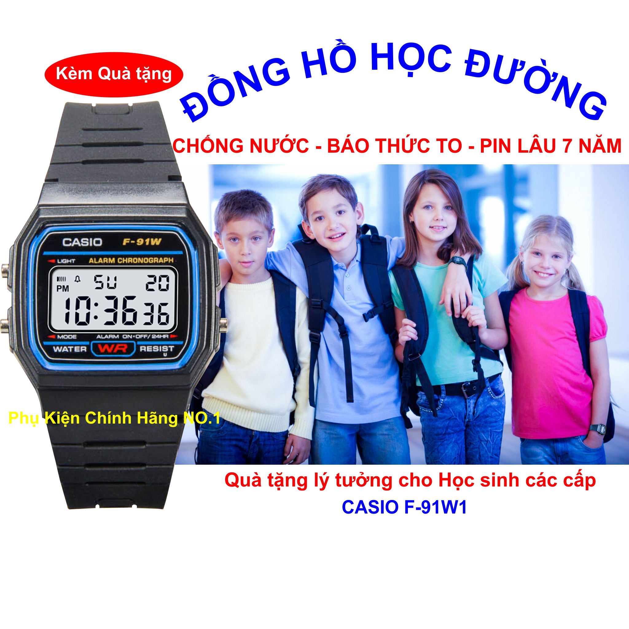 Đồng Hồ Điện Tử Casio F-91W Chống Nước Tuyệt Đối, Pin Lâu 7 Năm, Siêu Bền, Bản Huyền Thoại
