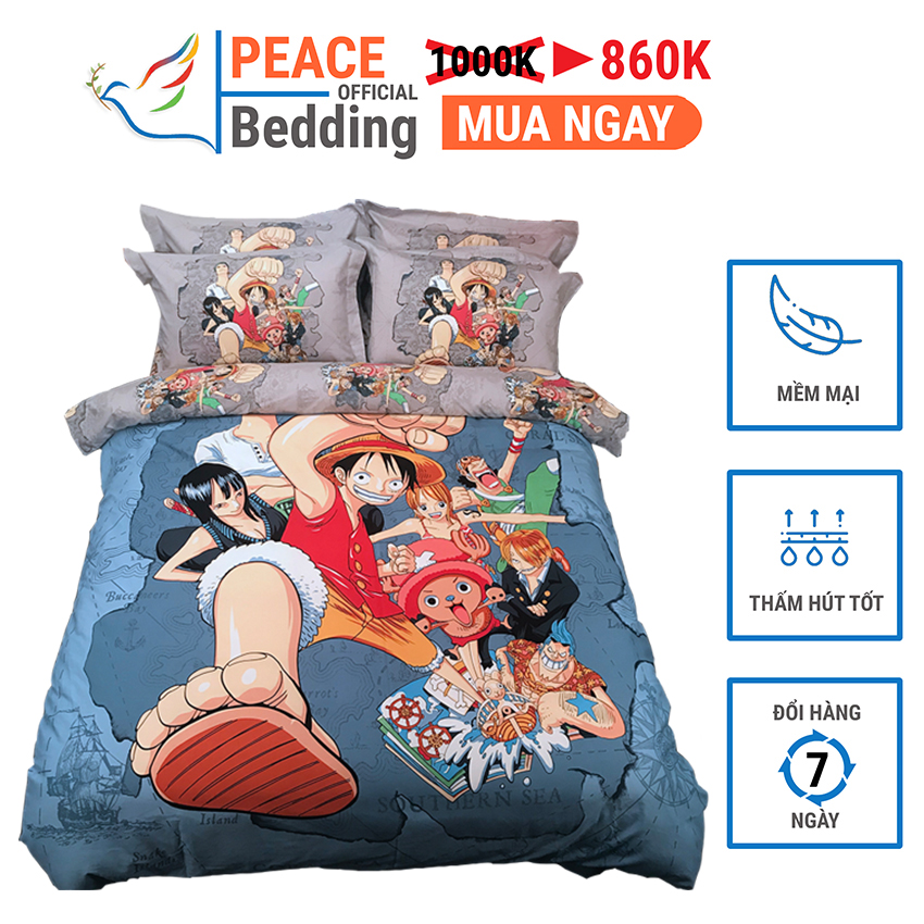 [FREESHIP] Bộ Vỏ Chăn Ga Giường Và 2 Vỏ Gối Đầu 4 Món Mẫu One Piece Chất Liệu Cotton 100% Mềm Mịn Dày Dặn Thấm Hút Tốt Hình Ảnh 3D Sinh Động Giặt Thoải Mái Bền Màu Cho Nệm 1M2, M4, M6, M8, 2M