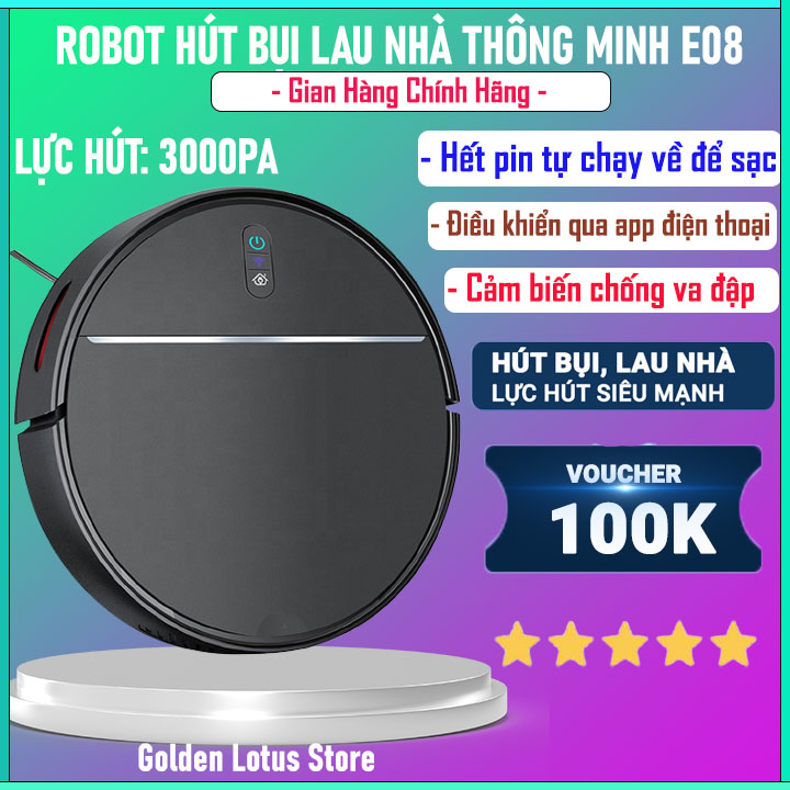ROBOT hút bụi lau nhà thông minh tự động E08, máy hút bụi, quét nhà không dây, Robot hút bụi lau sàn, sạc pin, giá rẻ hơn robot hut bui xiaomi, ecovacs T5 Hero, deebot, ilife