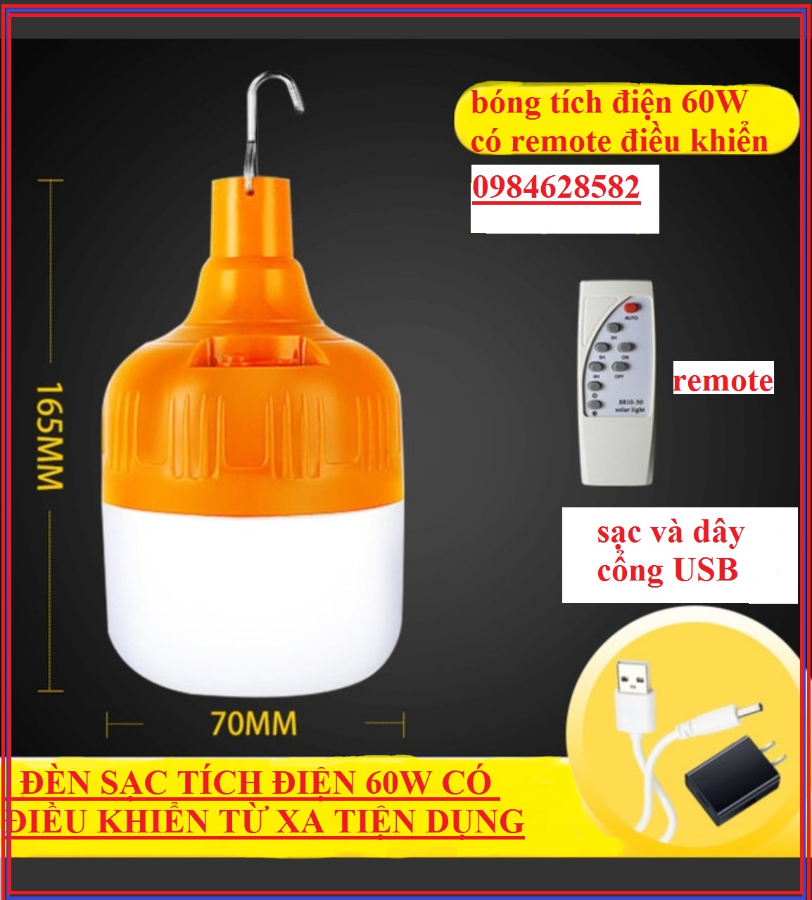đèn sạc tích điện 60W- có remote điều khiển từ xa