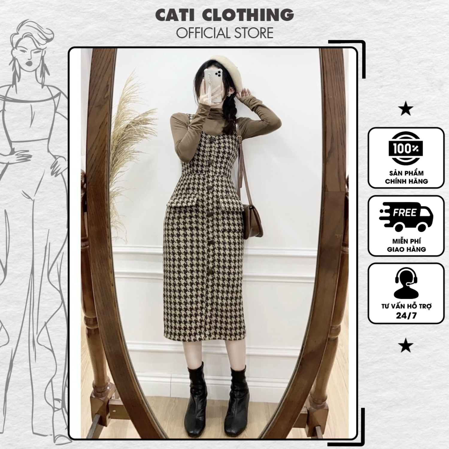 Đầm yếm cati dạ tweeed cổ v 2 màu kẻ 961