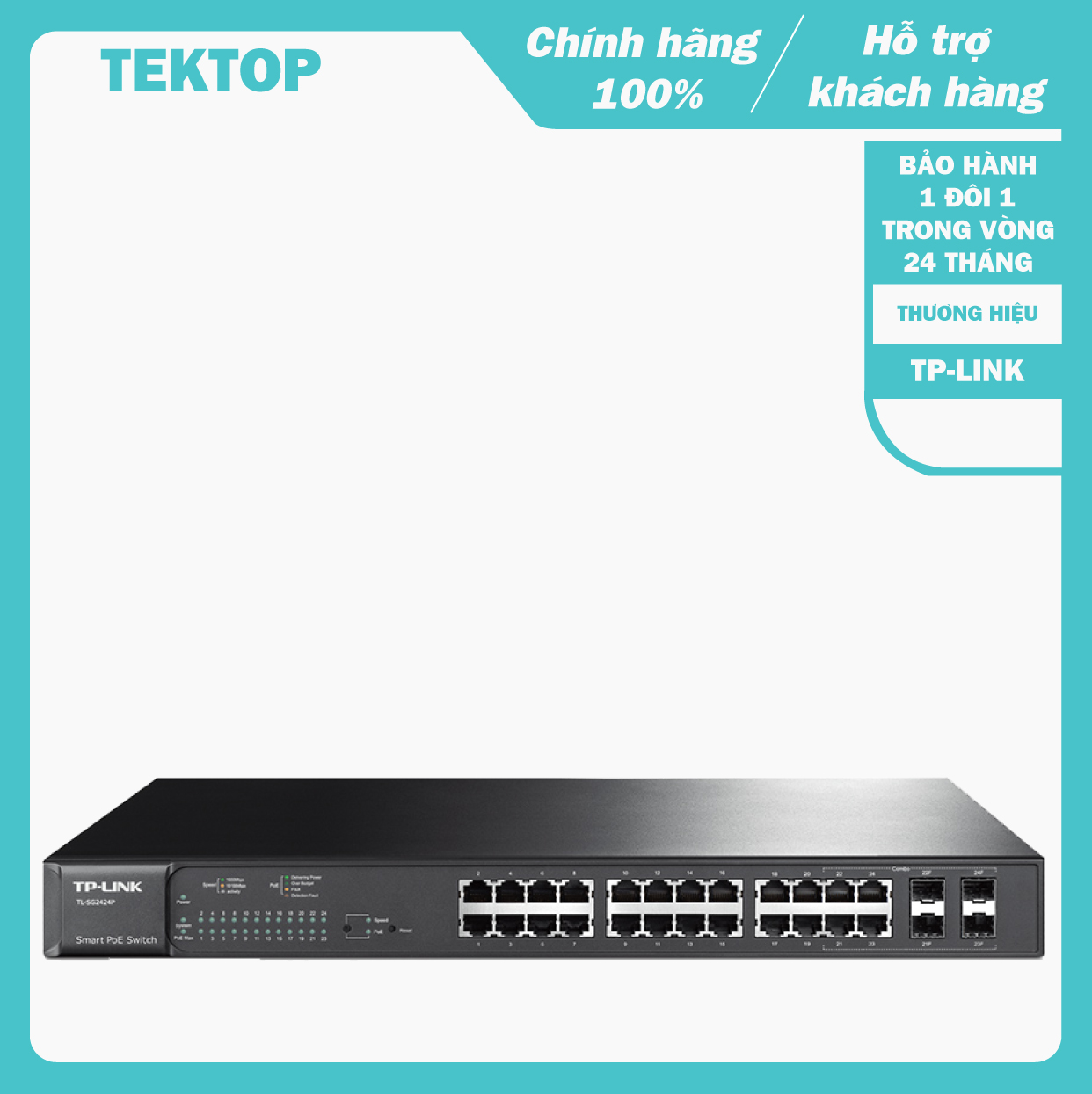 Bộ chia tín hiệu 28 cổng jetstream gồm 24 cổng gigabit poe và 4 khe cắm module quang sfp tp-link tl-sg2424p dùng cho doanh nghiệp