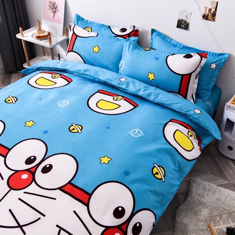 Bộ chăn ga gối phong cách Hàn Quốc Doremon bo chun đủ kích thước