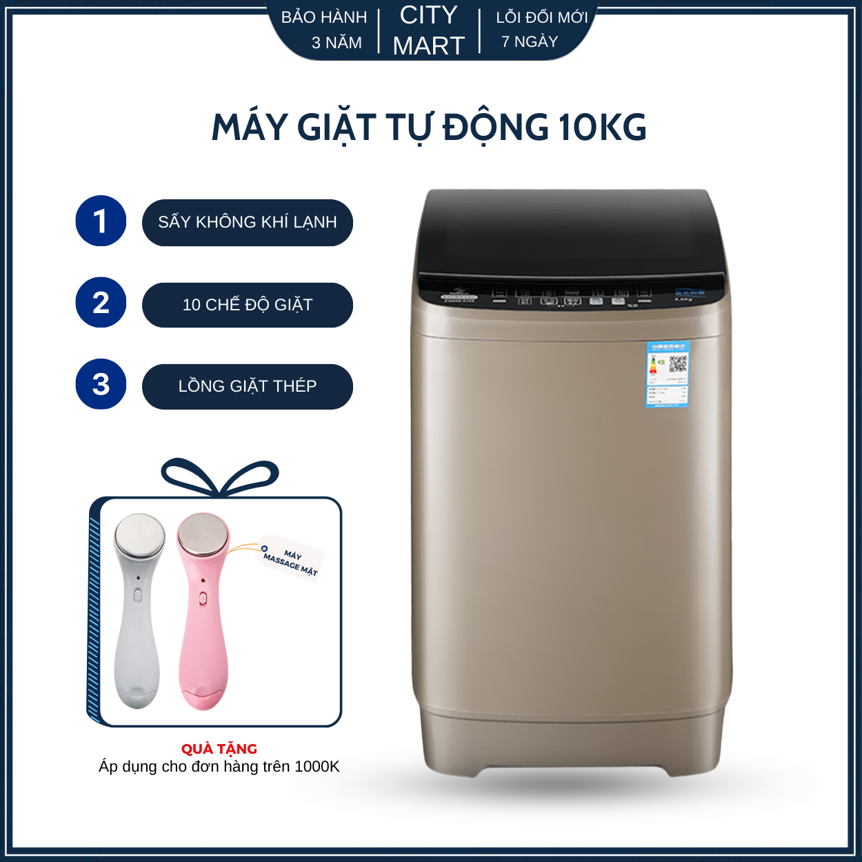  Máy giặt sấy mini tự động 10kg công suất 480W tia UV diệt khuẩn tiết kiệm điện nước bảo hành 2 năm 