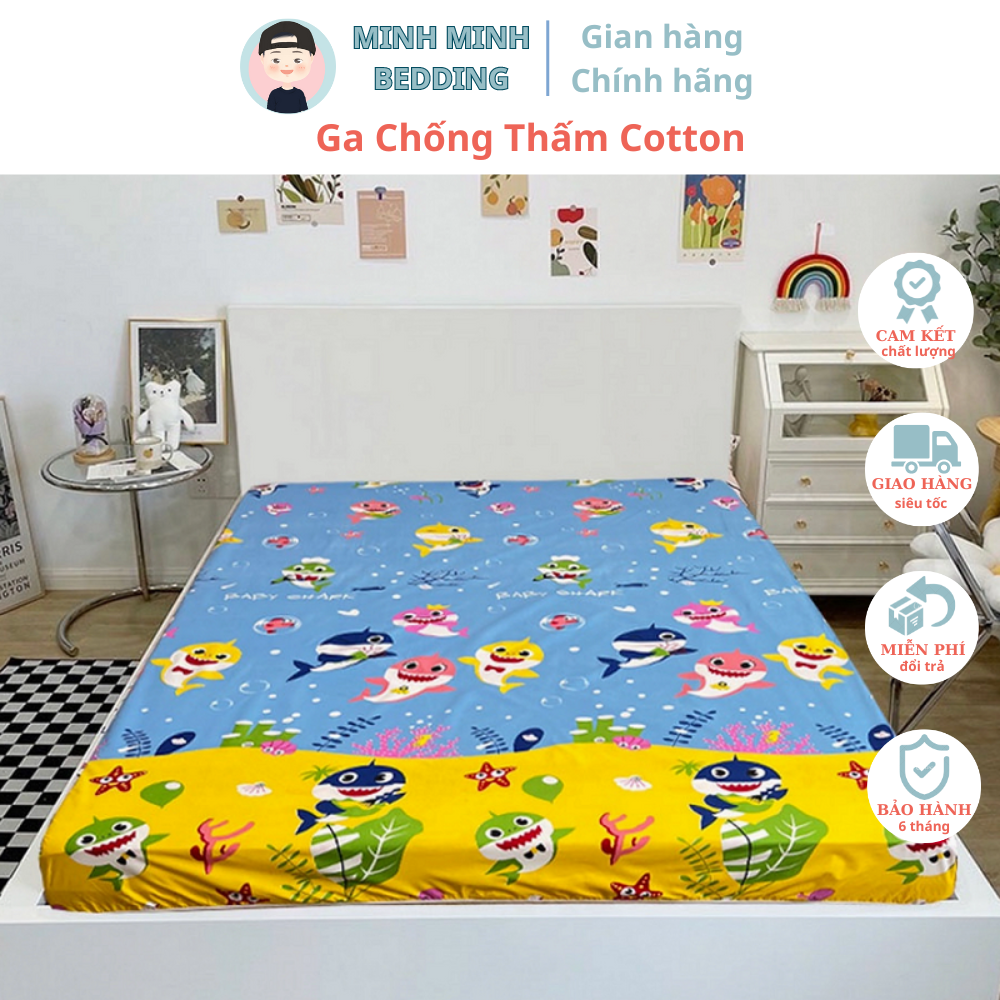  Ga trải giường chống thấm Ga trải giường bảo vệ đệm 2 lớp họa tiết cho bé mẫu BABY SHARK Kích thước m2 m6 m8 2m2 - MinhMinh Bedding 