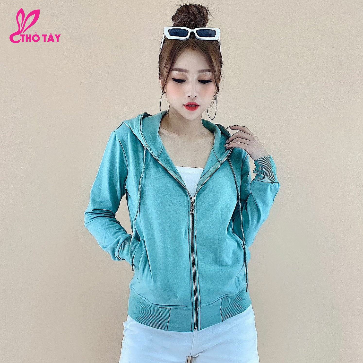 Áo khoác nữ trơn thun co giãn phối tai nón - THỎ TÂY