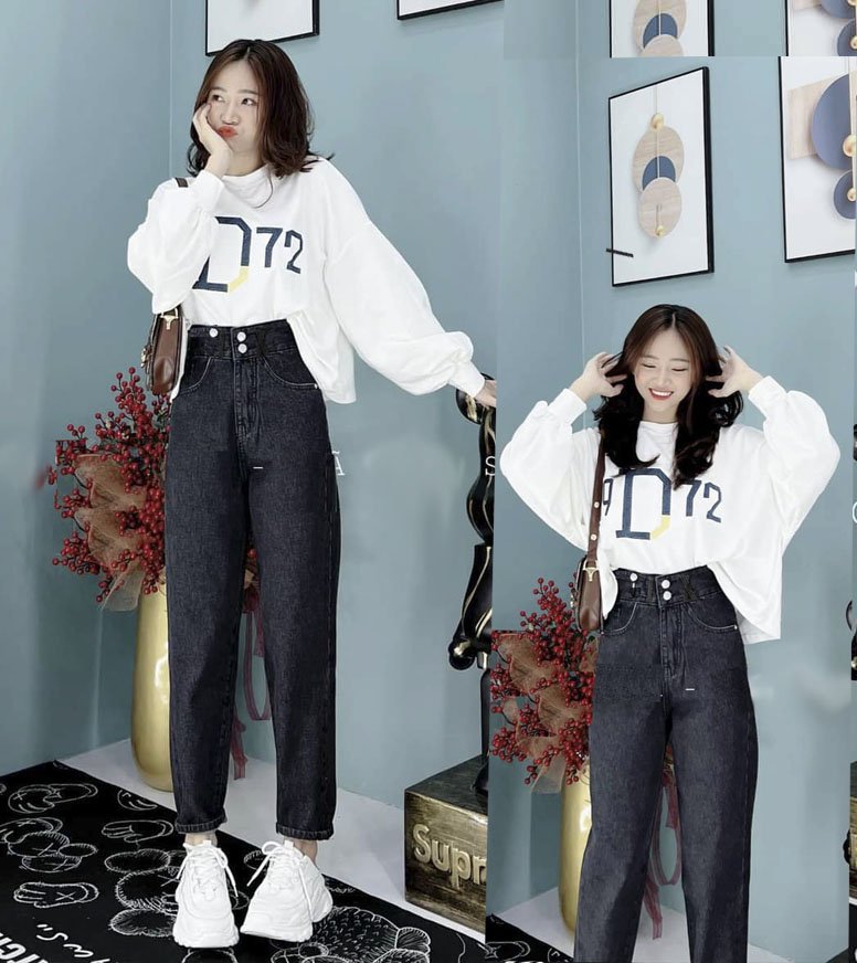 Quần baggy jean nữ lưng siêu cao 2 nút, ,Quần jean baggy nữ chất bò đen trơn siêu hot tại Pinky79shop bg03