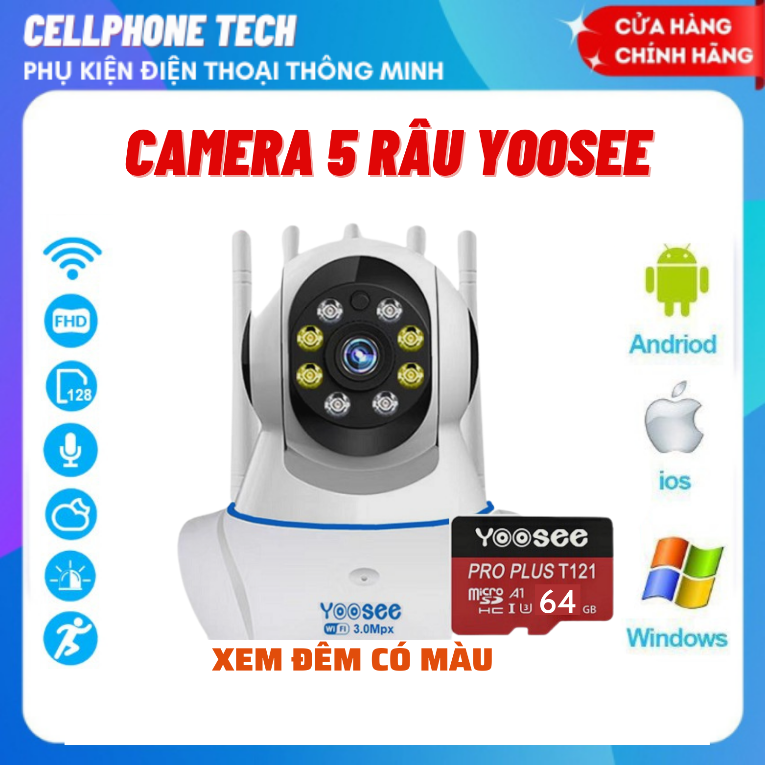 Camera Wifi Yoosee 5 Râu 8 Led 3.0Mpx Full HD 2022 Camera xoay 360 độ đàm thoại 2 chiều theo dõi chuyển độngbảo hành 5 năm