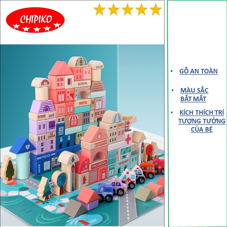Đồ chơi gỗ - Xếp hình xây dựng thành phố 133 chi tiết với 9 chữ số và 23 chữ cái kết hợp