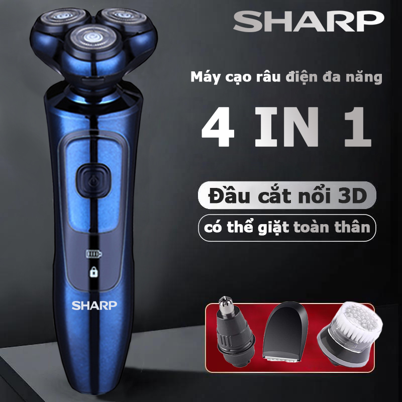 Sharp Máy cạo râu điện cao cấp nam 3 lưỡi kép, cạo râu đa năng 4 in 1 cạo sát, êm, sạc pin nhanh,chống nước - Máy cạo râu khô, ướt đều được, cắt tỉa lông mũi, cạo tóc, rửa mặt