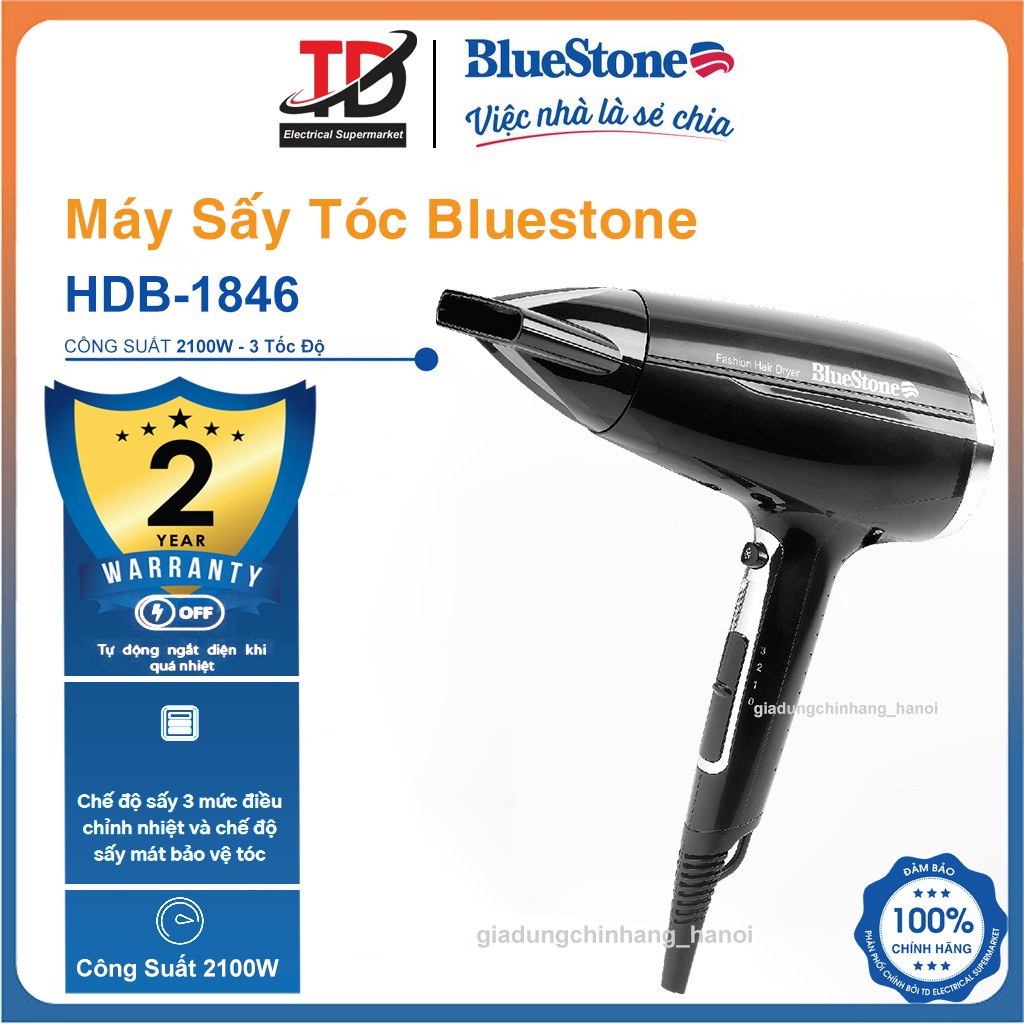 Máy Sấy Tóc Bluestone HDB-1846, Công Suất 2100W - Sấy Ionic Giữ Ẩm