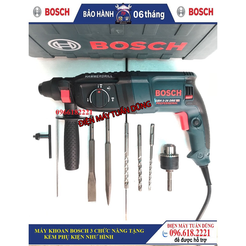 Máy khoan đục bê tông B.osch Công suất 800W Mạnh mẽ và bền bỉ Thương hiệu Đức Tặng Đầu chuyển khoan 13ly sắt + 5 mũi khoan đục bê tông