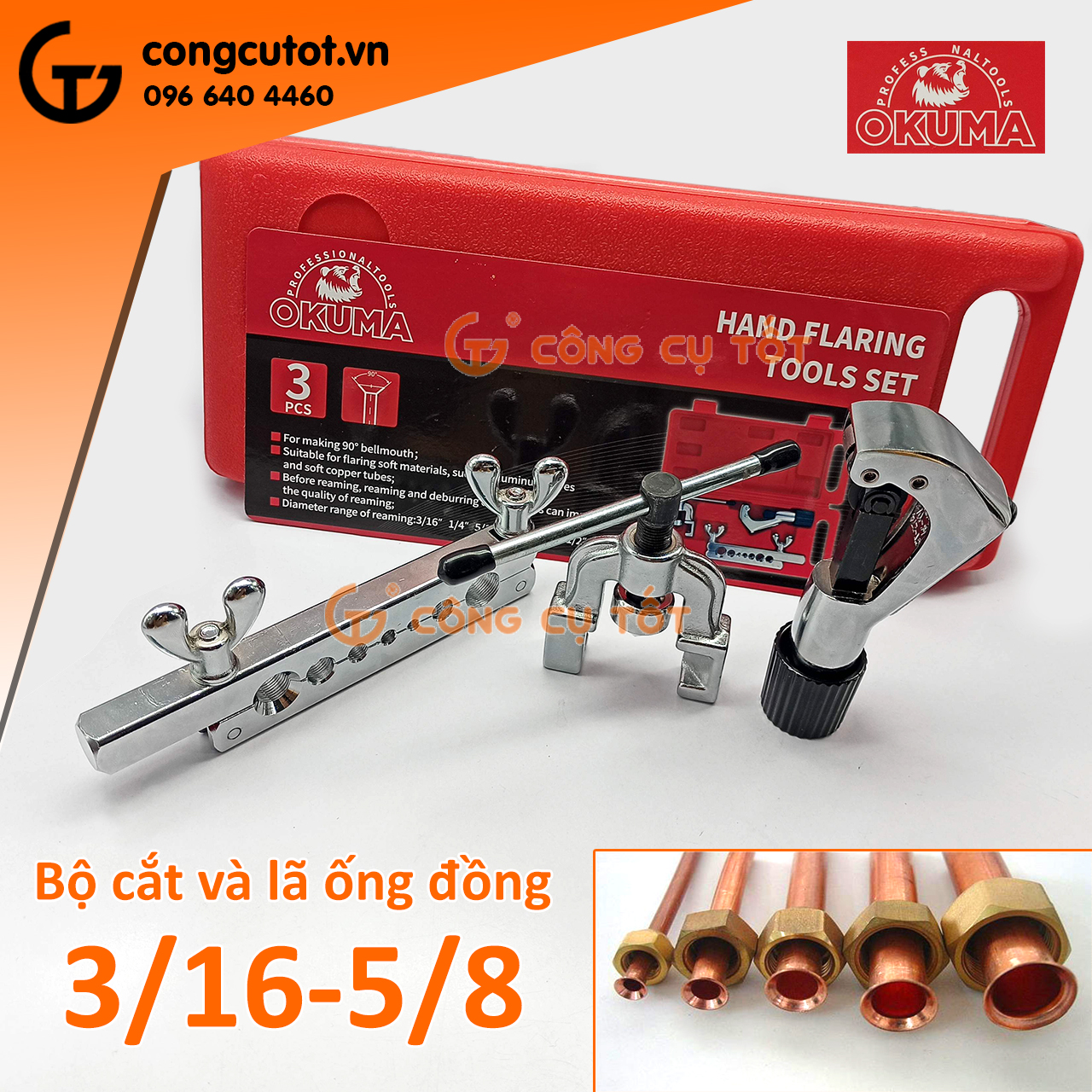 Bộ cắt và nong loe ống đồng, bộ lã ống đồng điều hòa okuma 3 chi tiết cỡ ống 3/16-5/8