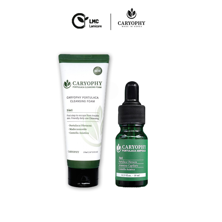 Combo 2 Sản Phẩm Sữa Rửa Mặt Và Tinh Chất Dành Cho Da Mụn Chiết Xuất Từ Rau Má Caryophy Portulaca 160ml - Lamicare