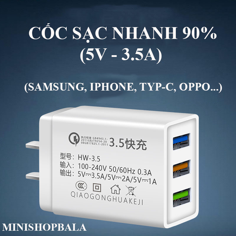 Củ sạc nhanh 3 chân usb,Sạc nhanh 90% chuẩn 3.5A,cùng lúc sạc 3 thiết bị,chống chảy nổ.