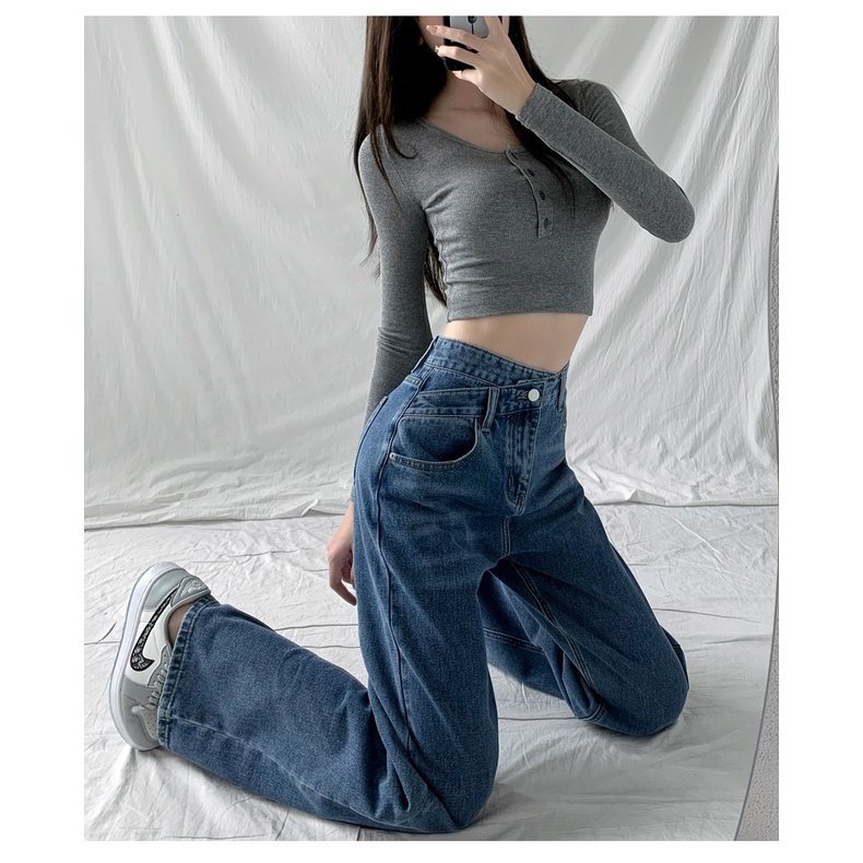 Quần jeans nữ cạp lệch ống rộng trơn 2 màu