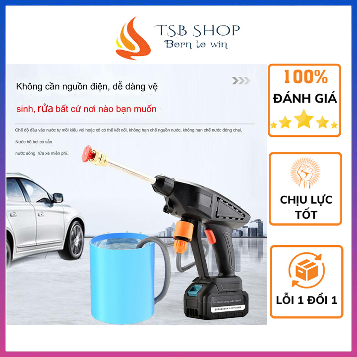 Máy rửa xe không dây dùng pin sạc súng nước áp lực cao xịt rủa xe ô tô xe máy xịt rửa sân vườn tưới cây sạc xe hơi pin lithium công suất cao tăng tốc mạnh mẽ