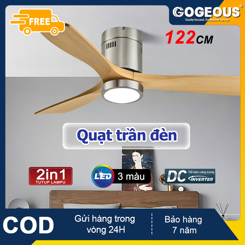 GOGEOUS【Miễn phí vận chuyển】Quạt trần phòng khách quạt trần đèn quạt trần 3 cánh,Động cơ đồng nguyên chất Inverter,quạt trần có đèn,quạt trần cánh gỗ