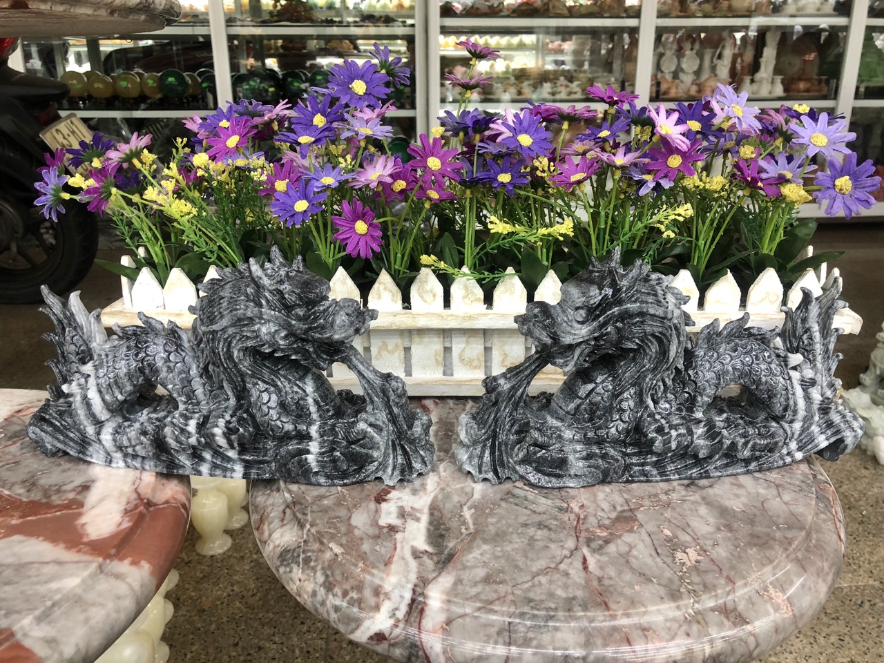 Cặp Rồng nằm phong thủy đá cẩm thạch vân đen - Dài 25 cm