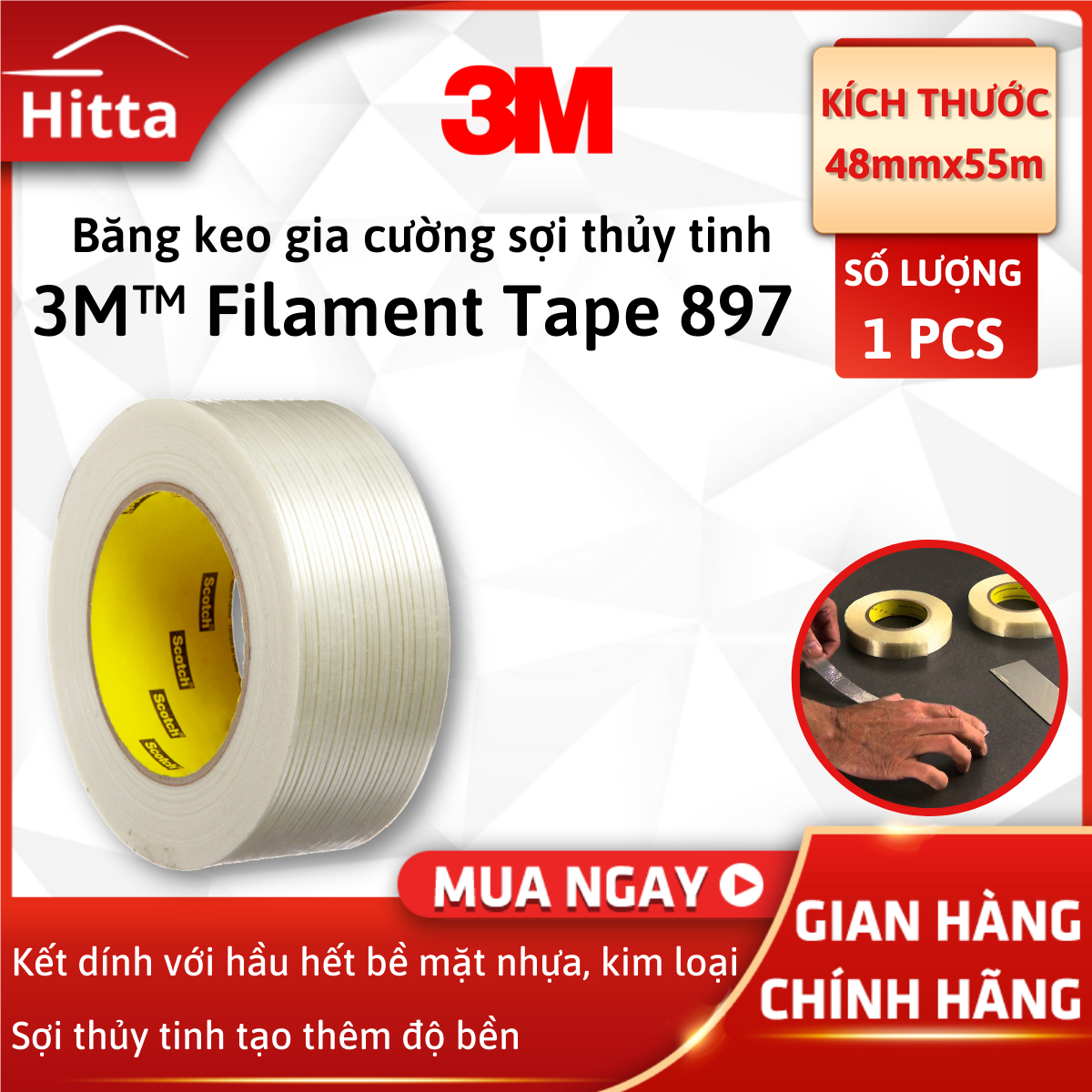 Băng keo gia cường sợi thủy tinh Scotch® Filament Tape 897