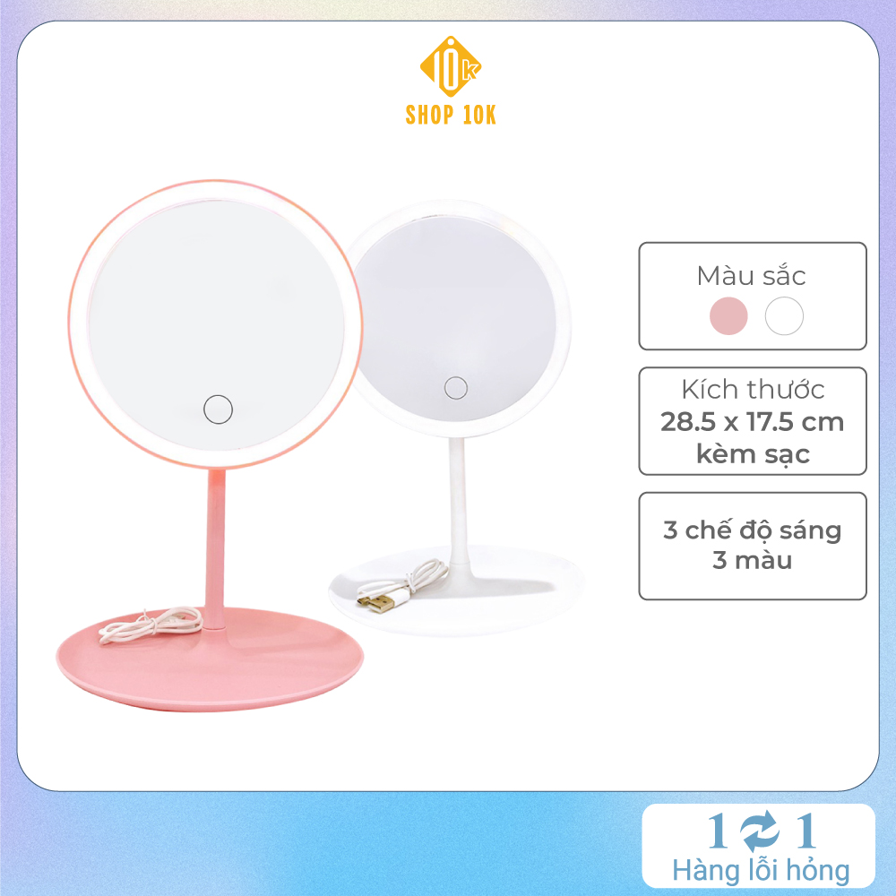 Gương Trang Điểm Tròn Để Bàn Có Đèn Led Cảm Ứng 3 Chế Độ Ánh phong cách trang điểm Hàn Quốc
