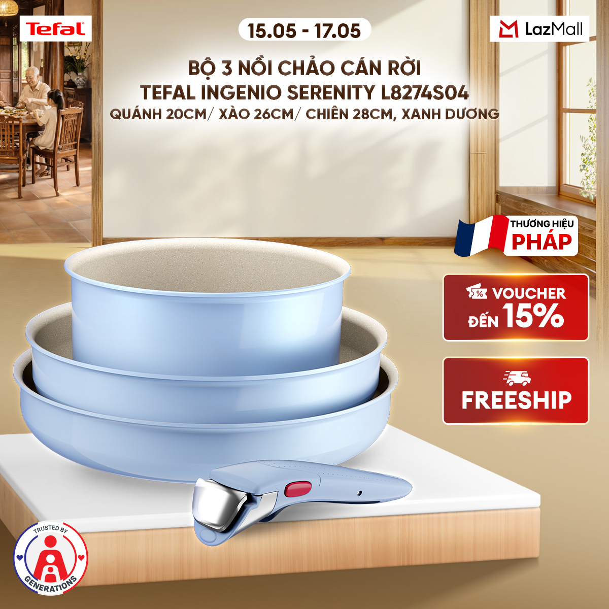 Bộ 3 nồi chảo cán rời Tefal Ingenio Serenity L8274S04, quánh 20cm/ xào 26cm/ chiên 28cm, xanh dương pastel
