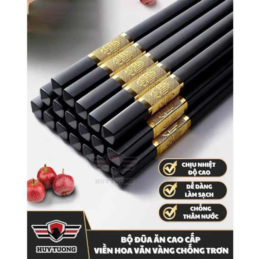 Bộ 10 đôi đũa mạ vàng, đũa hợp kim dài 24cm, công dụng chống trượt không mốc, thân thiện với môi trường - Huy Tưởng