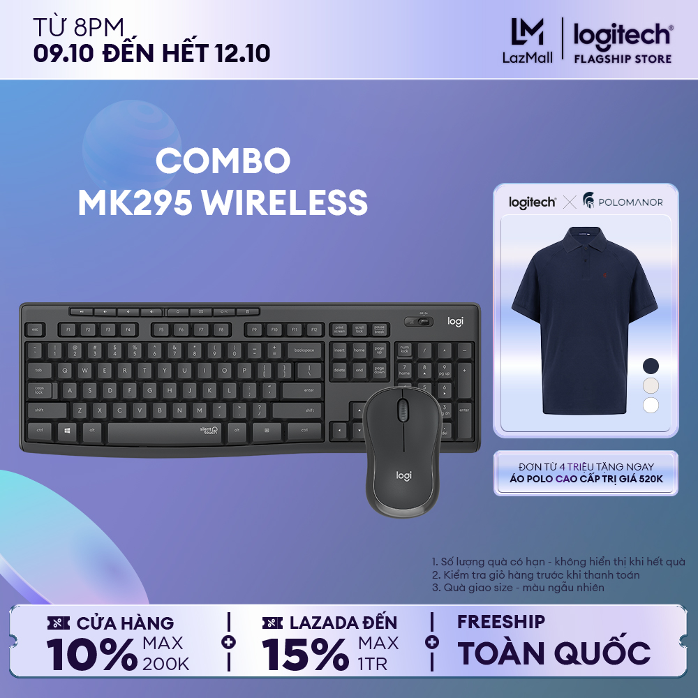 Combo chuột phím không dây Logitech MK295 Silent- Chống ồn 90%, có phím số, mắt đọc cải tiến, bền bỉ, không lag