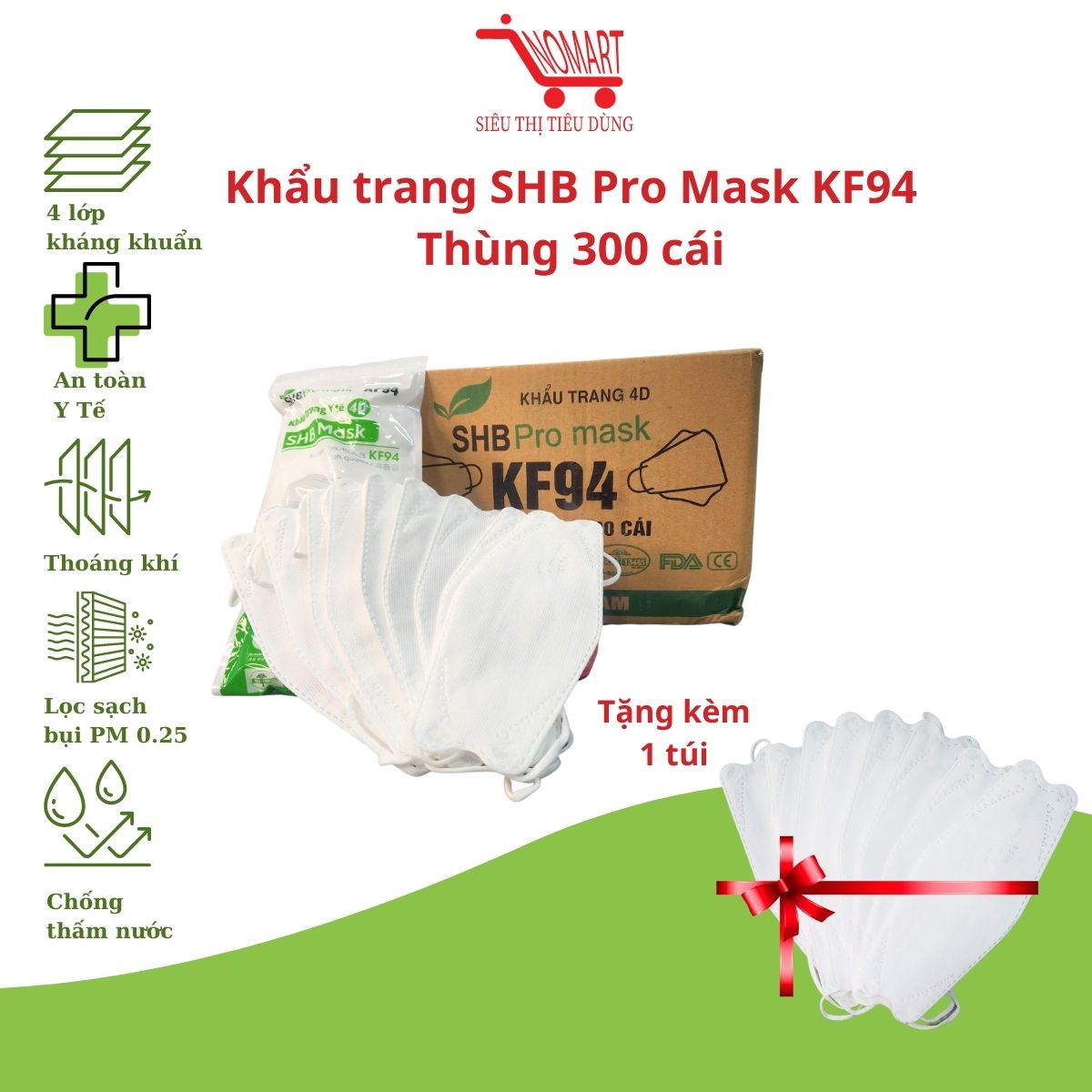 Thùng 300 cái Khẩu trang SHB Pro Mask KF94 Chính Hãng 4 lớp kháng khuẩn