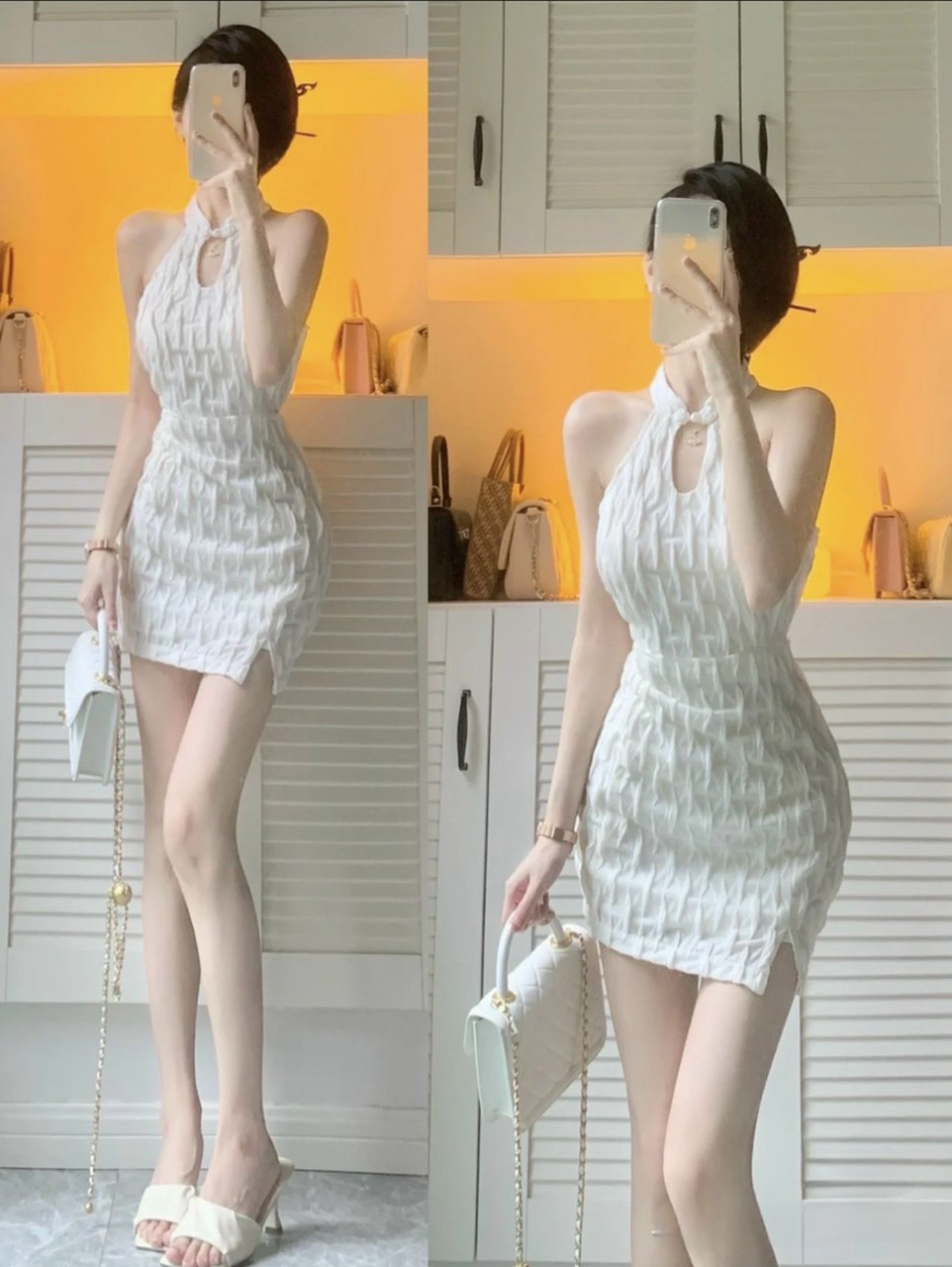 Đầm ôm body cổ yếm sexy dáng ngắn màu trắng đầm body trắng cổ tàu sang chảnh tôn dáng