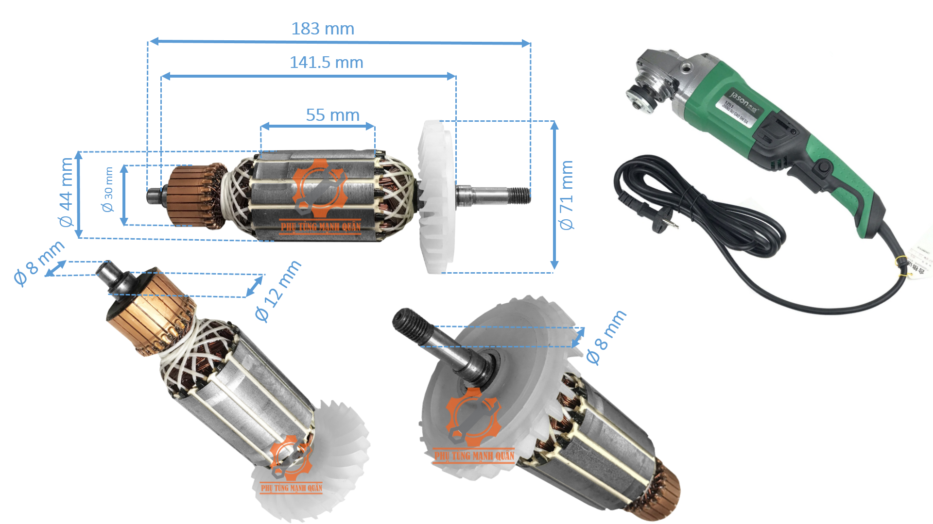 Rotor/ruột máy mài góc Jason 1251 tặng kèm chổi than tương ứng
