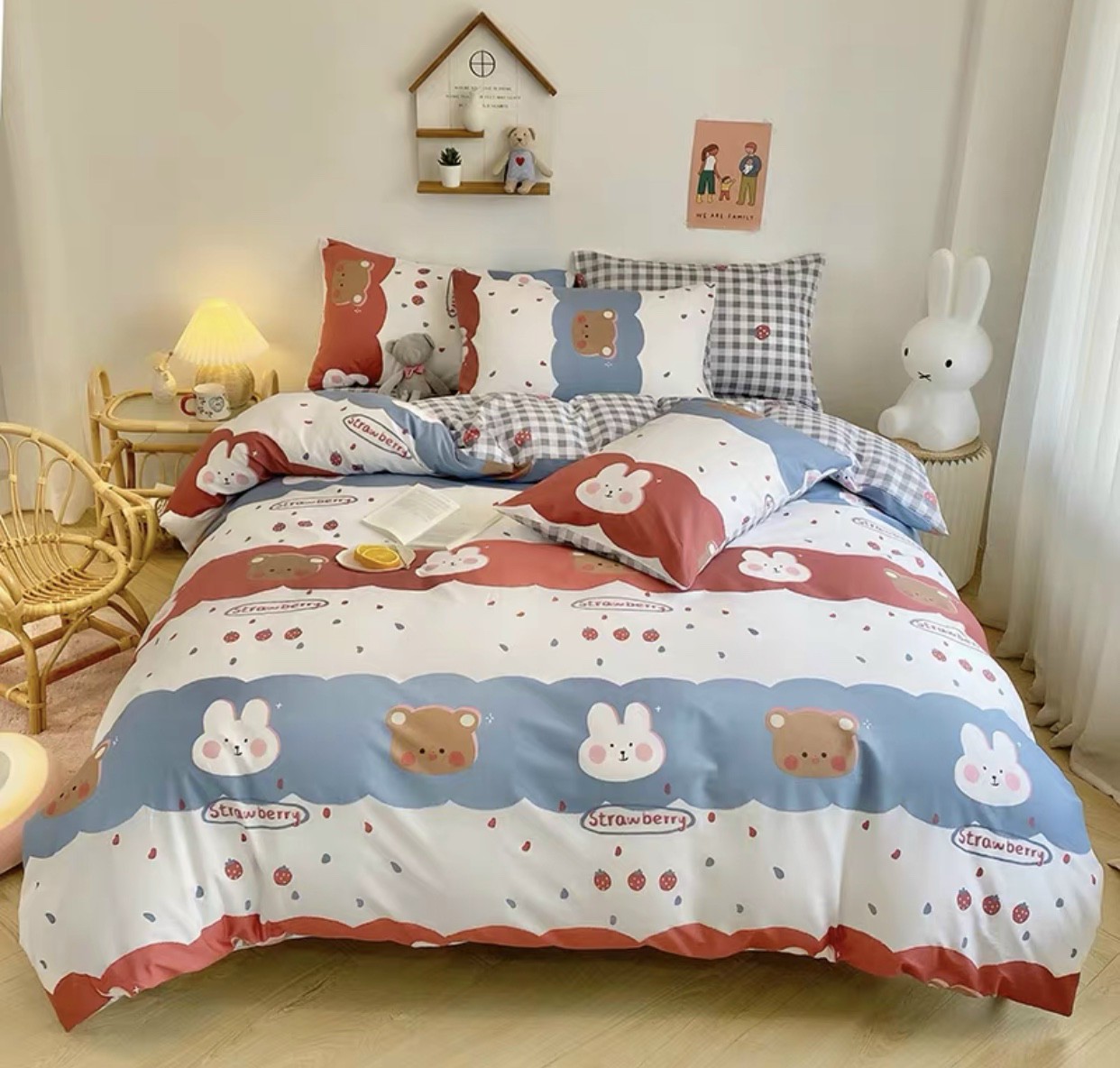 Bộ chăn ga gối thỏ trắng cotton poly chăn ga gối nhập khẩu bộ chăn ga gối 5 món, 4 món, chăn ga gối 4 mùa