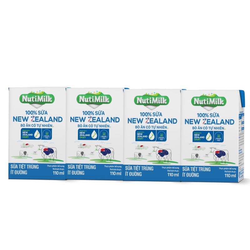 Combo 4 Hộp NutiMilk 100% Sữa New Zealand Bò ăn cỏ tự nhiên Ít đường 110ml CB4.NZSID110AZ - Thương Hiệu NUTIFOOD -YOOSOO MALL