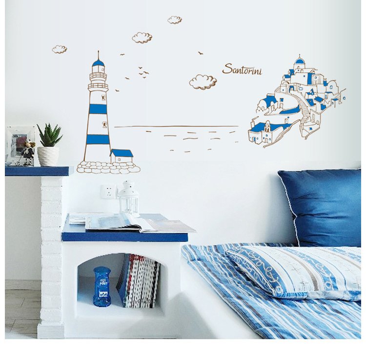 Decal dán tường trang trí phong cách Cảnh biển Santorini - Decal dán trang trí phòng ngủ, phòng khách , phòng bếp( Kích thước 60 x 90 cm)